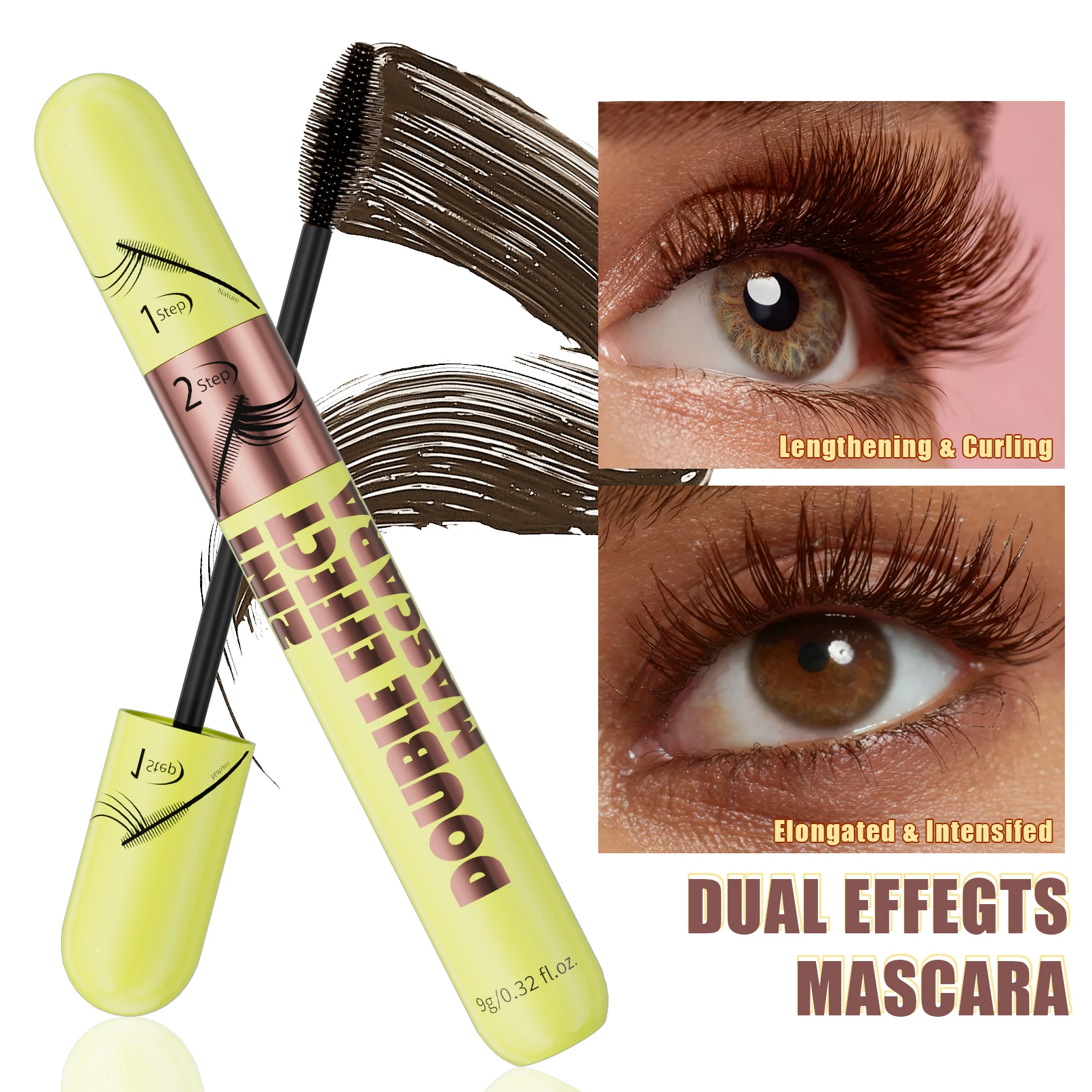 [Dual Brush Heads Brown Mascara] Waterproof Brown Mascara with Dual Brush Heads - Smudge-Proof, Clump-Free for Longer