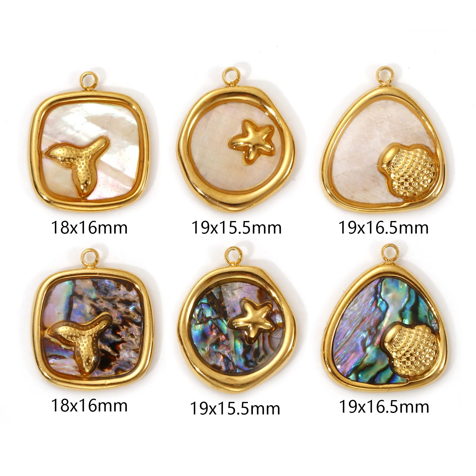1 Piece Colorful Shell Patch Fish Tail Pattern Square 304 Stainless Steel Pendant 18k Gold Plated Natural Shell Charms Findings