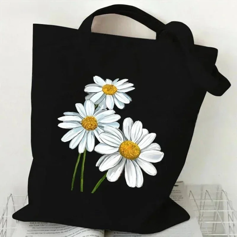 Eco-Friendly Black Ulzzang Heart Canvas Tote Bag Korean Harajuku Shoulder Bag for Women Vintage Art Print Casual Shopper Handbag