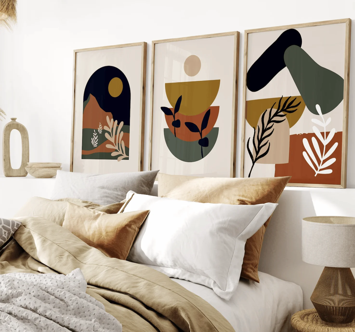 Boho Abstract Mountain 3 Panels Wall Art Canvas Prints, Botanical Posters, Earth Tone Decor for Living Room Bedroom Decor