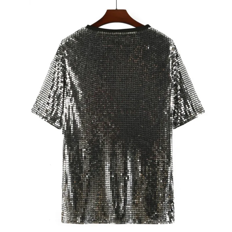 #0254 Silver Shinny Sequin T Shirt Women Short Sleeve Loose Streetwear Hip Hop Tshirt Patchwork Party Tee Shirt Femme Sexy Loose