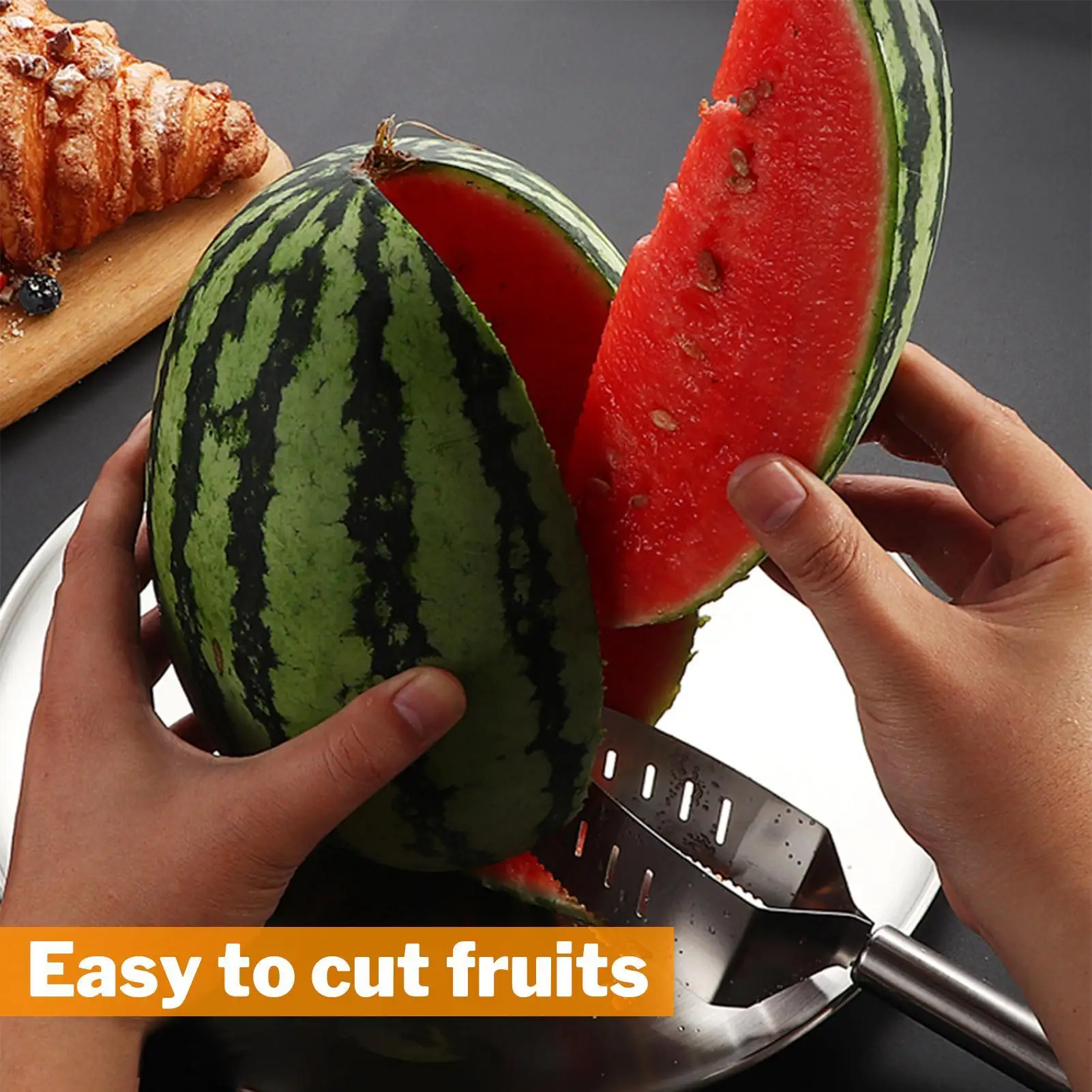 

Stainless Steel Safe Efficient Watermelon Slicer Server with Non-Slip Handle Fruit Divider Watermelon Slicer Cutter Fruit Tools
