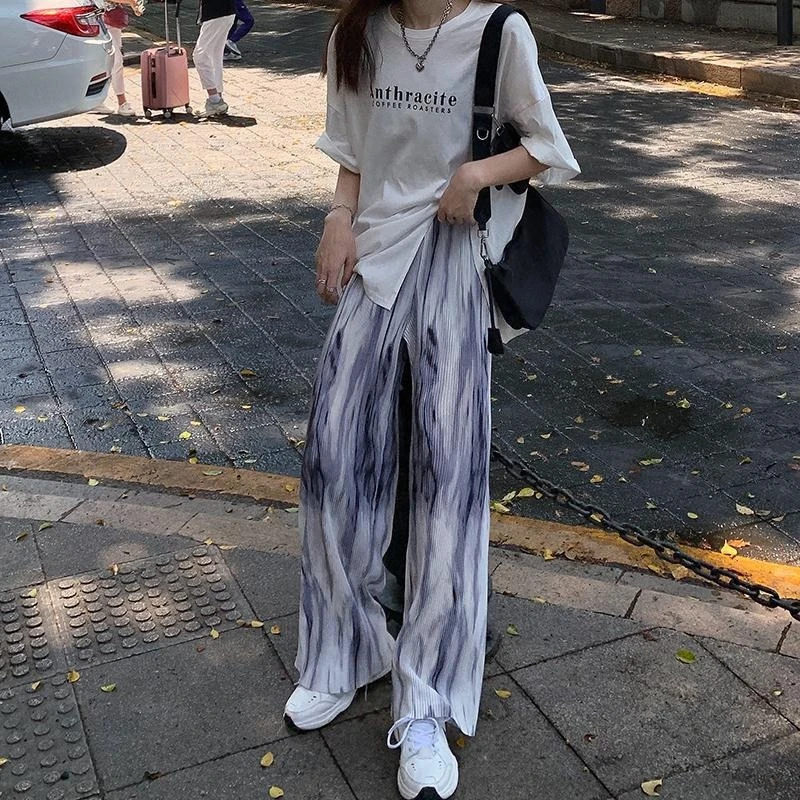 Trendy Tie Dye Wide Leg Pants for Women Paper Bag Waist High Waist Casual Trousers Long Length - view 5