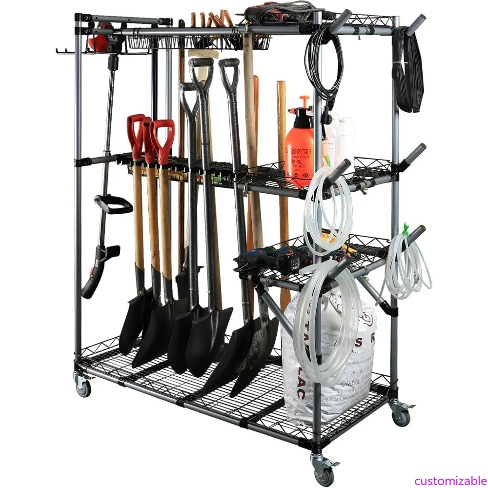 

Универсальный органайзер для садовых инструментов на колесиках с многофункциональной стойкой для хранения