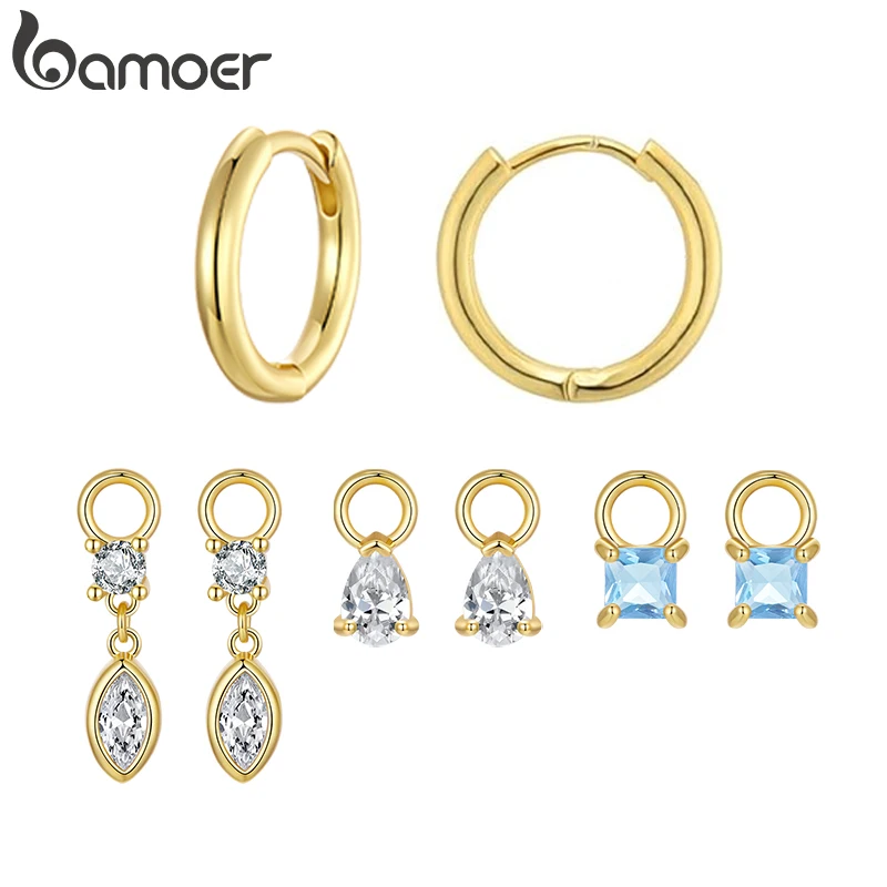 BAMOER Gold Plated Huggie Earrings and Charm Set for Women, Mix and Match Earring Pack with Shining CZ Star Boho Charms YIE262