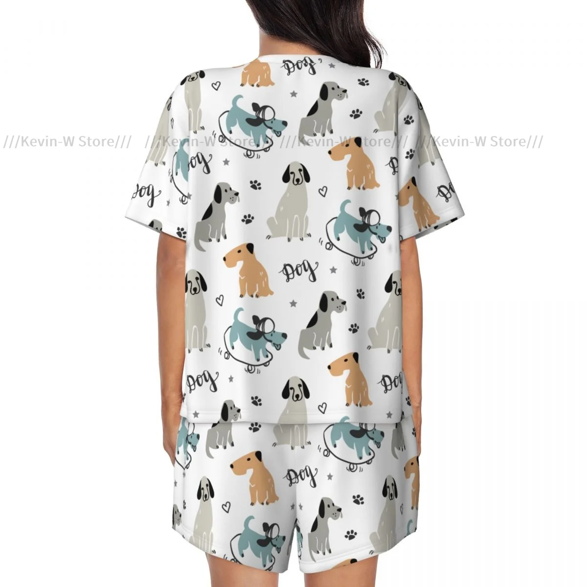Women Pajamas Homewear Set Hand Drawn Dogs Pattern Short-Sleeved Two-Piece Set Girl Nightwear Loungewear Sleepwear