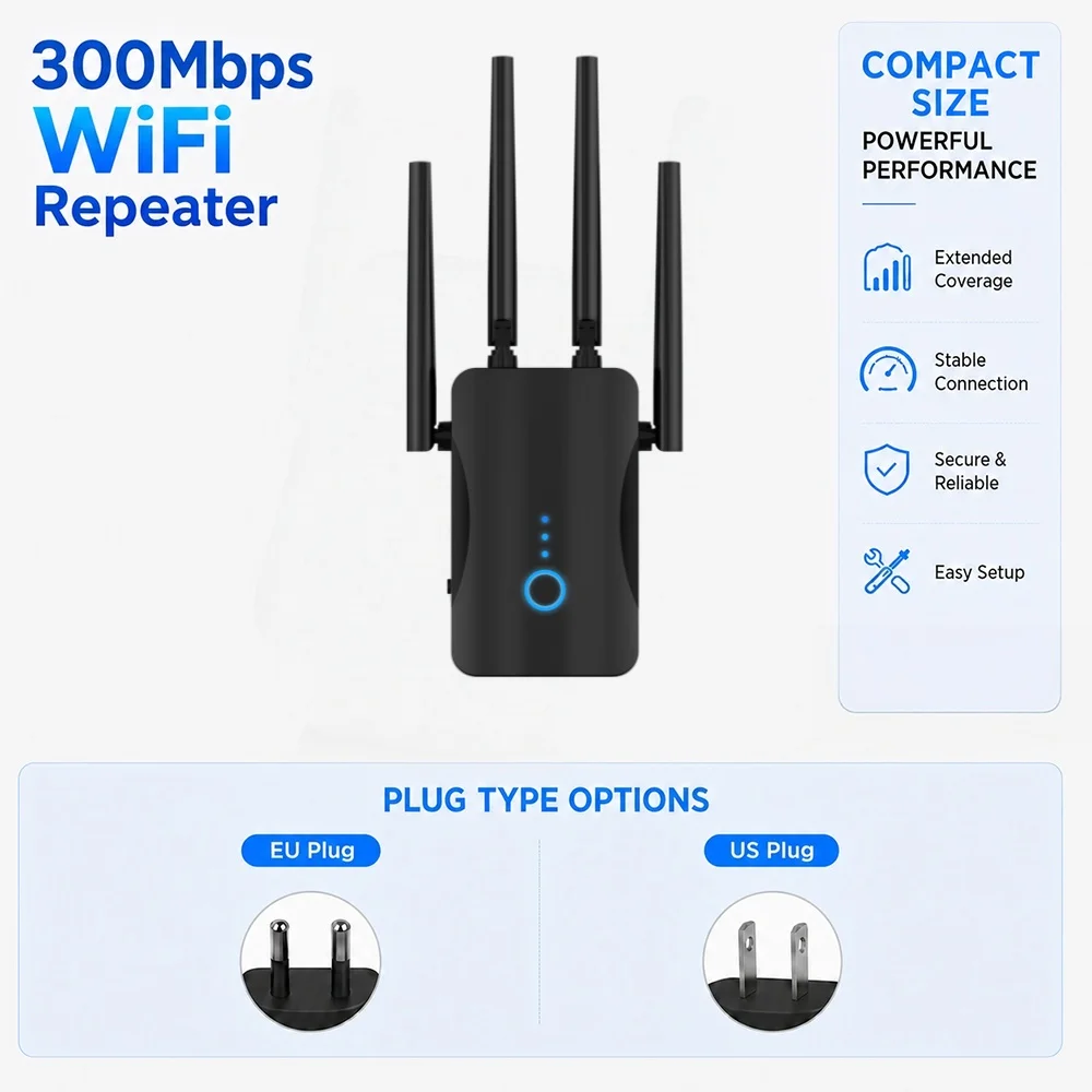 Picture 3: Home WiFi Range Extender 300Mbps 2.4GHz Wireless WiFi Repeater and Internet Signal Booster for Bedroom Office Smart Devices