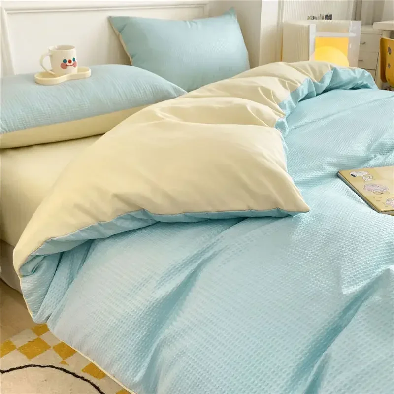 150/180/200CM Yellow-blue Brushed Bed Sheet Duvet Cover Pillowcase Four-piece Spring Autumn Bedding Set M048-17