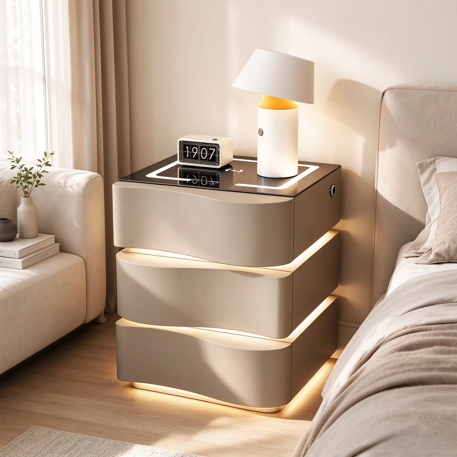 Nordic Inspired Smart Nightstand, Bedside Storage Cabinet and Side Table for Bedroom, Small Apartment and Bedroom Interior