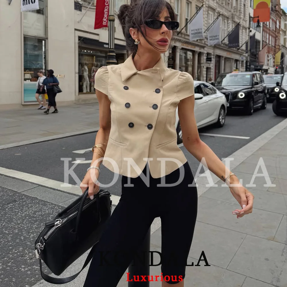 KONDALA Casual Chic Brown Short Sleeve Blazer Double Button Slim Jacket Fashion 2026 Summer Office Lady Sexy Blazer Y2K Girl Top