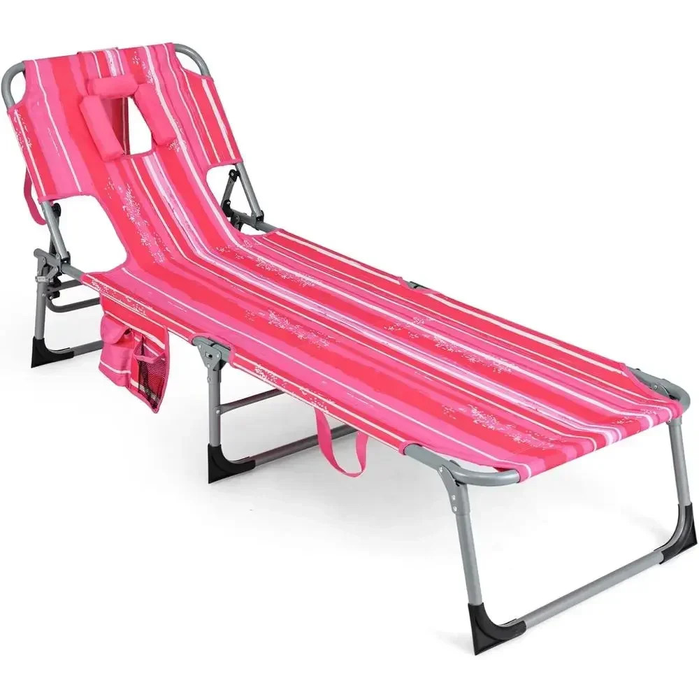 Pink Striped Outdoor Beach Lounger with Arm Holes, Adjustable Backrest, Side Pocket, and Carry Handle