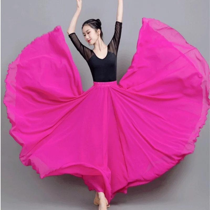 Dance Skirt Women Double Have Liner Chiffon Skirts Elastic Waist Ruffled Maxi Skirts Elegant Female Big-hem Skirts 720 Degrees