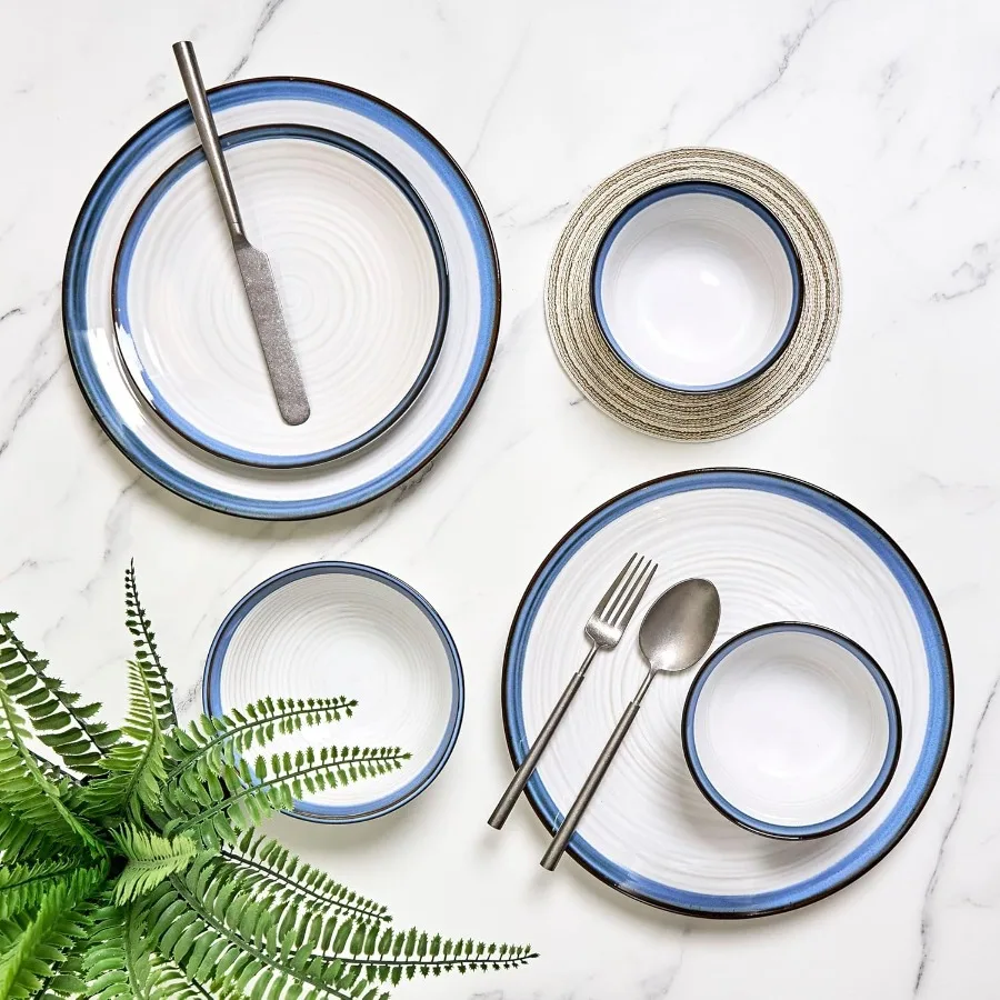 Conjunto de louça de grés Siterra de 16 peças para 4 conjuntos de pratos e tigelas brancas de cerâmica com borda azul resistente a lascas de esmalte reativo