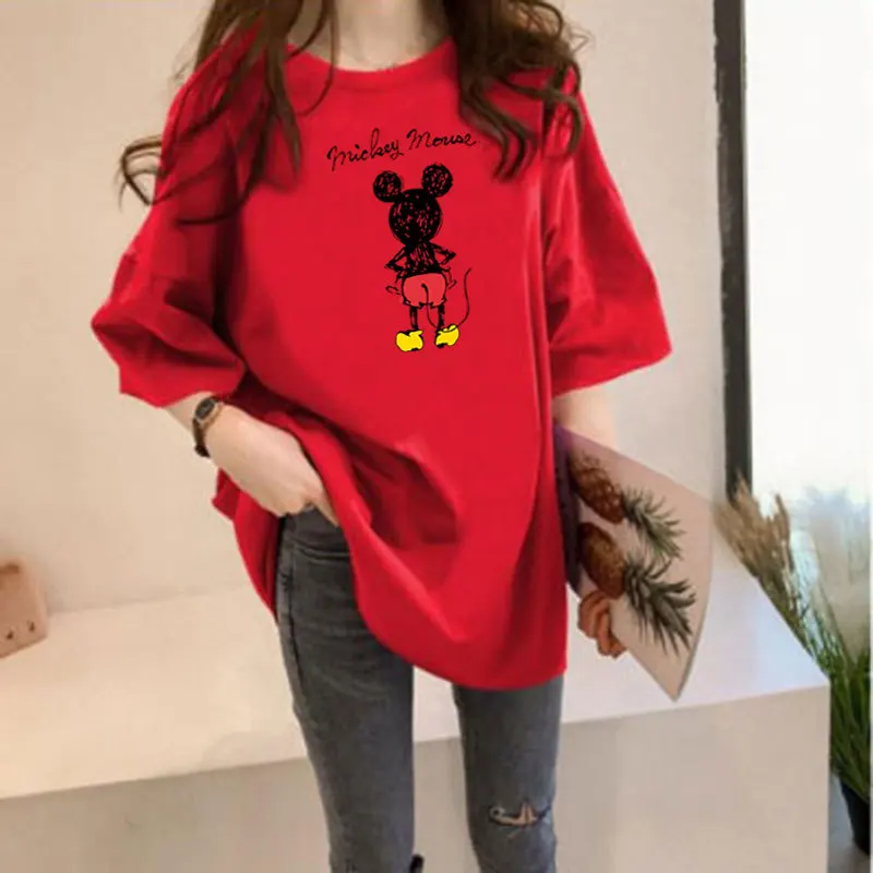 Women's Short Sleeved T-shirt Women's 2024 Summer Solid Color Medium Length Loose And Versatile Mickey Mouse Top