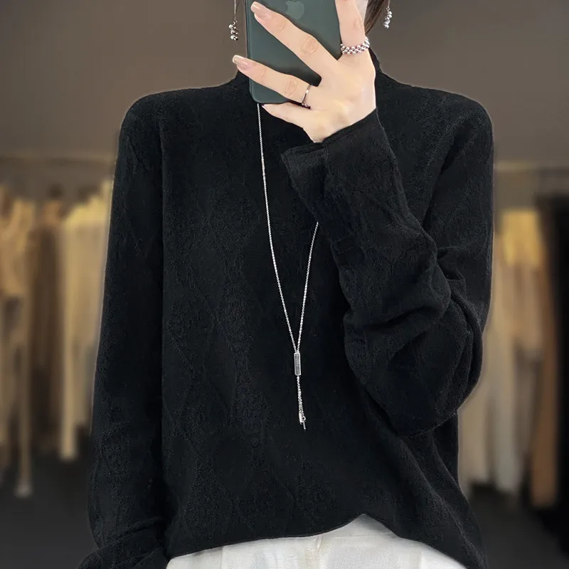 Cashmere sweater Women  2023 Autumn and Winter fashion Lace Half turtleneck Cashmere sweater Women