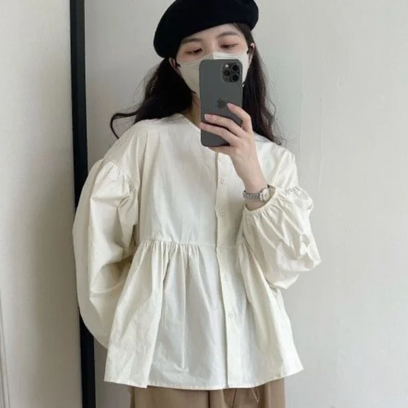 Shirts Women Loose S-3XL Crop Solid Folds Puff Sleeve Schoolgirl Korean Leisure Simple All-match New Arrivals Spring Chic Trendy