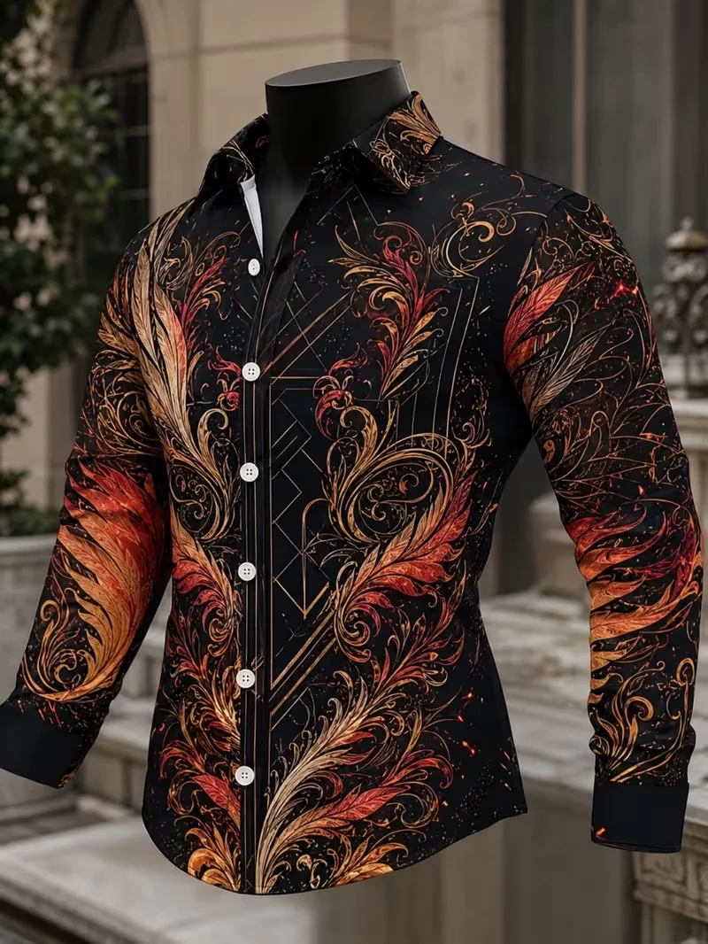 New Black Base Gold Red Flame Phoenix Curly Grass 3D Printed Long Sleeve Shirt Dark Luxury Men's Party Shirt