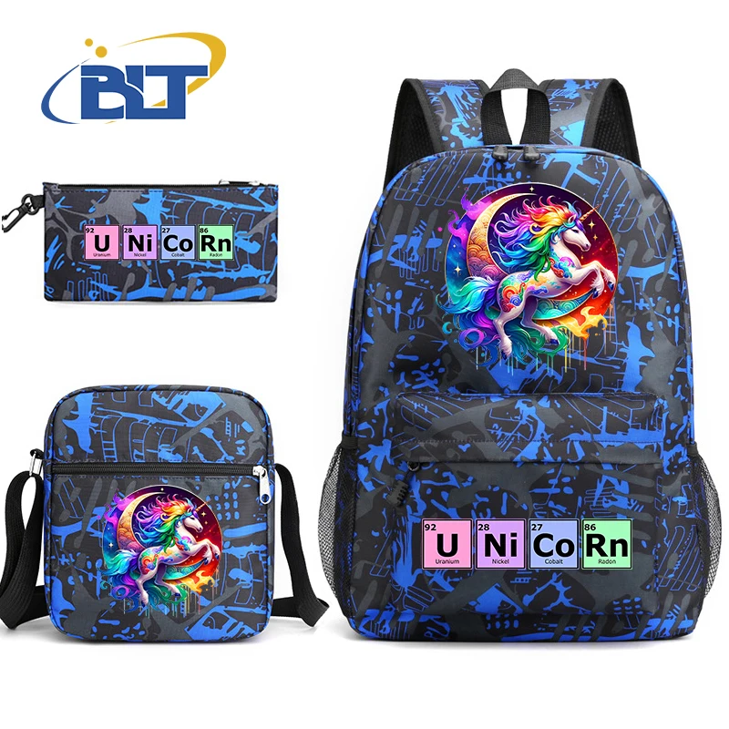 Cute Unicorn Print Backpack Set, Student School Bag, Shoulder Bag, Pencil Case, Kids Gift, Casual, 3 pcs