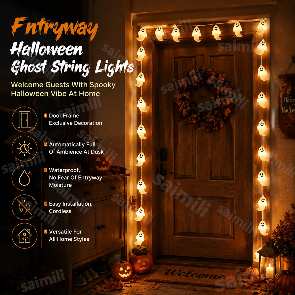 Halloween Ghost Shape LED String Lights Battery Powered Horror Atmosphere Lamp For Home Patio Yard Holiday Party Decoration