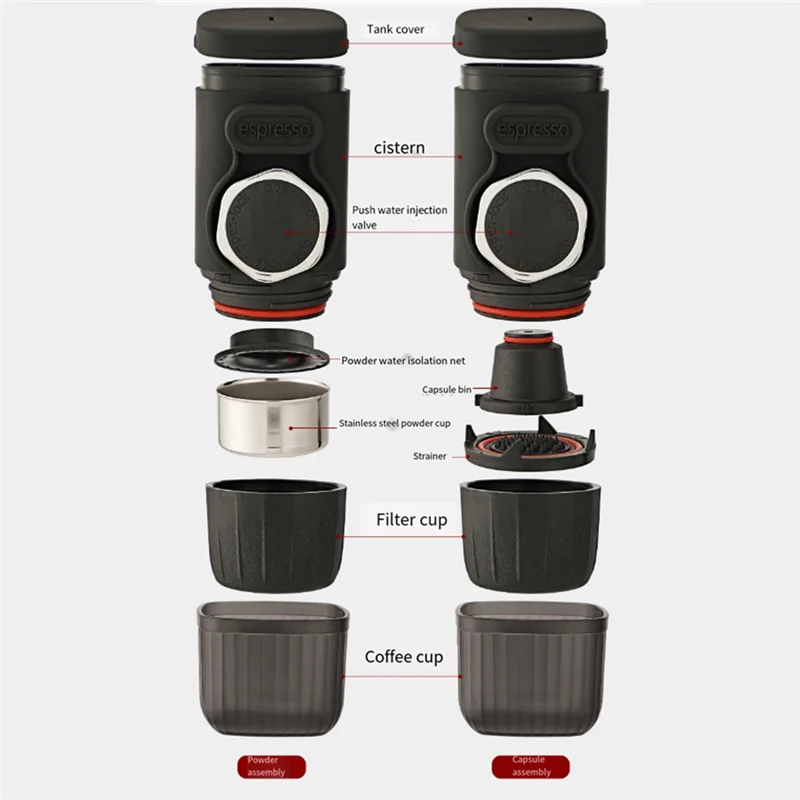 

A86I-Portable Espresso Maker For Ground Coffee & Capsules, Small Travel Coffee Machine, Ideal For Camping, Hiking, Office