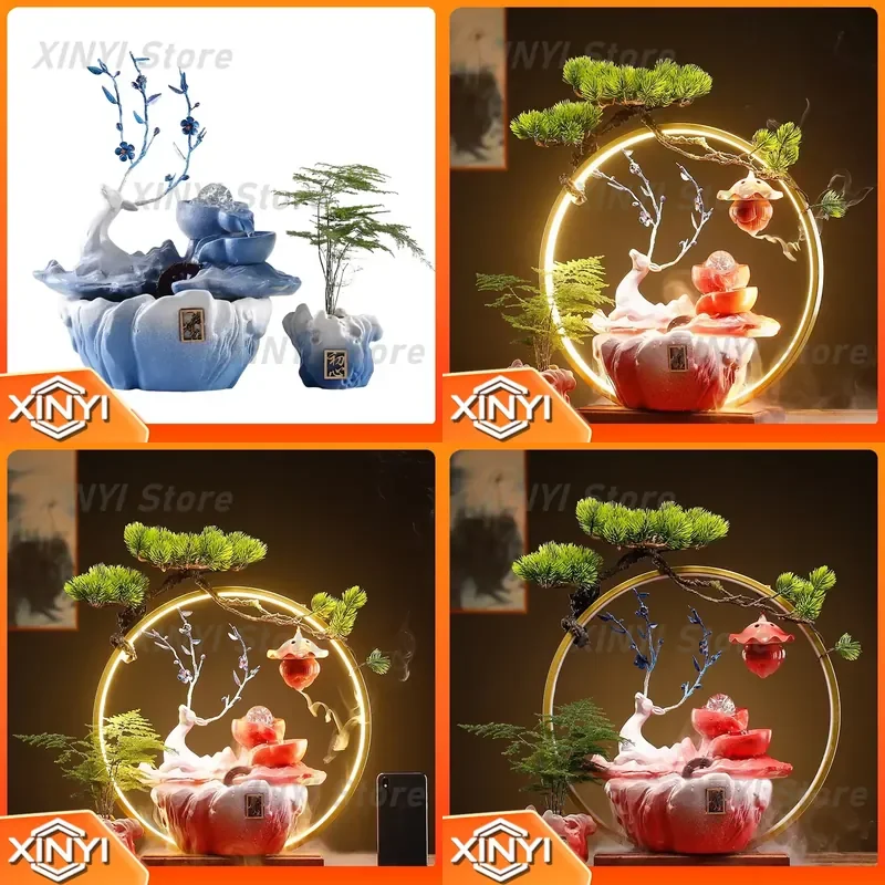 Lucky Flowing Water Fountain Ornament for Office Home Decor Chinese Feng Shui Aquatic Wealth Symbol for Housewarming Opening