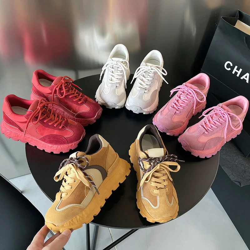 

Brown Color Block Chunky Sneakers For Women Suede And Leather Upper Double Lace Design Round Toe Non Slip Serrated Thick Sole