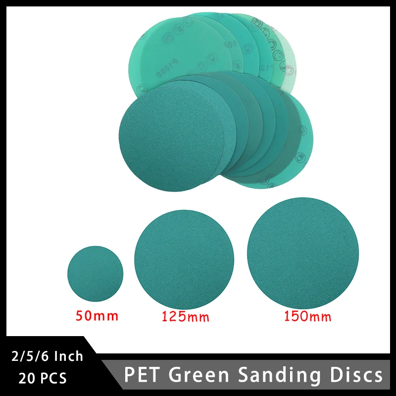 2/5/6 Inch Polyester Film Wet/Dry Hook & Loop Sandpaper PET Green Sanding Discs 20 Pcs Assorted 60-20000 Grits for Polishing Car