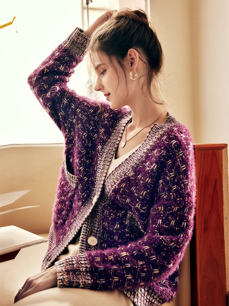 OLrain Women‘s Purple Knit Cardigan French 2025 Winter Oversized V-Neck Sweater Elegant Spliced Knitted Lady Jumpers O22DM66361