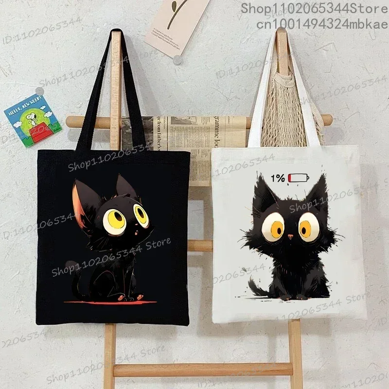 Canvas Tote Bag Anime Black Cat Print Shopping Bag Women Graphic Casual Fashion Teen Handbag Cartoon Kitten Side Bag for Ladies