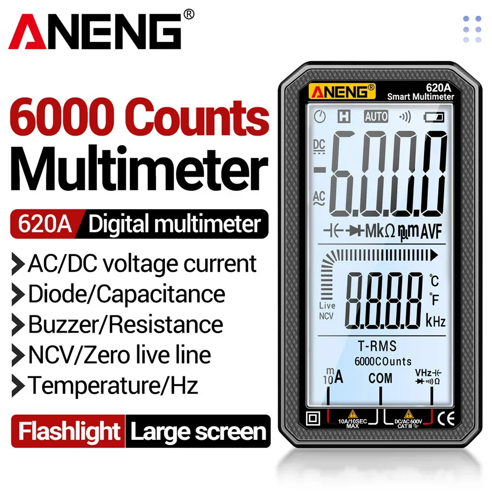 

ANENG 620A 6000 отсчетов True RMS умный мультиметр с автоматическим определением диапазона переменного/постоянного тока, напряжения, тока, емкости, температуры, сопротивления