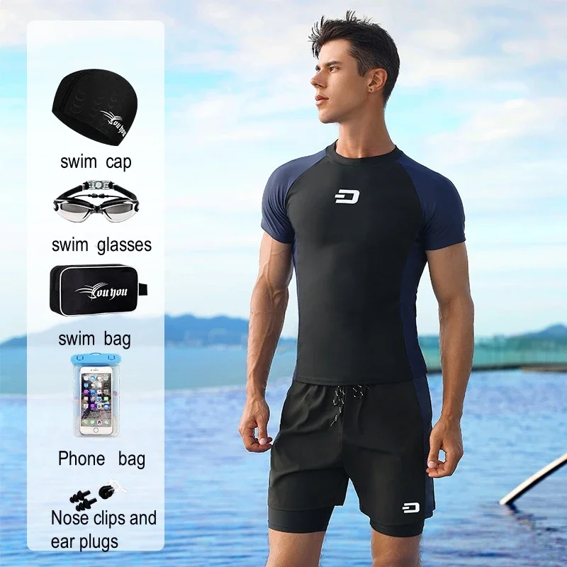 Men Water Sports Quick Dry Board Shorts Shirt Swim Glasses  Boy Athletic Surfing Beach Trunks Goggles Nose Clips Ear Plugs