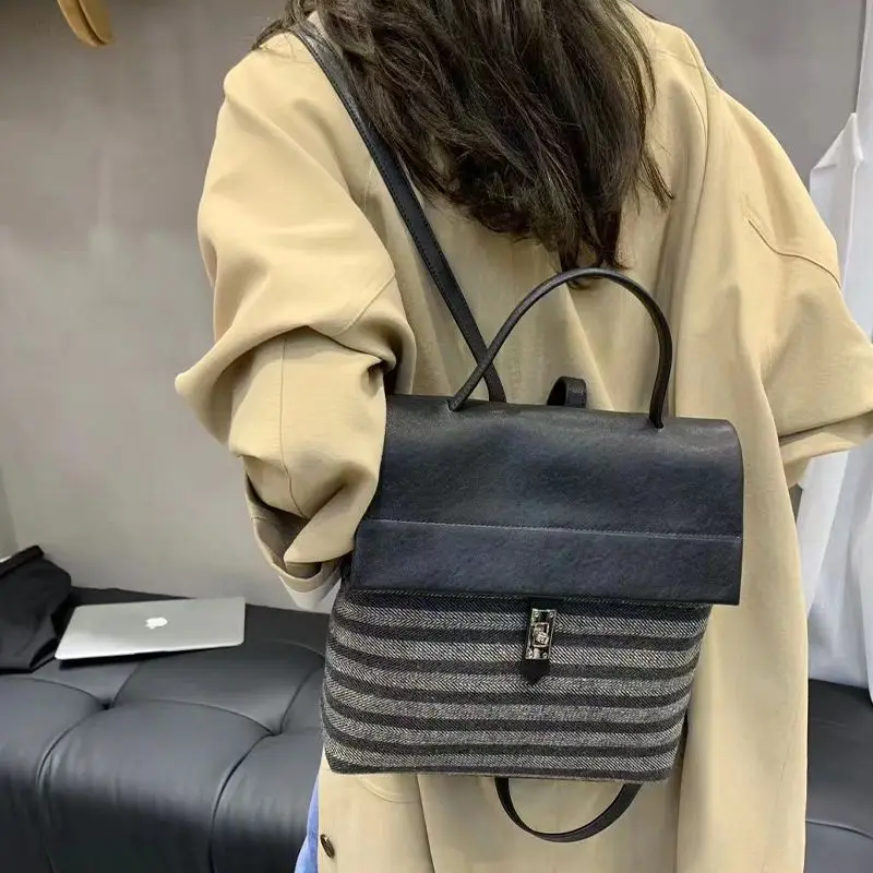 

Large-capacity Pack Spliced Striped Backpack Women's 2026 Light Luxury Bag Niche High-value Work Commuter Bagpack