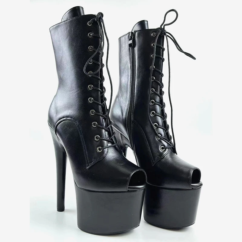 

Женские лаконичные короткие ботинки с открытым носком на платформе со шнуровкой, черные ботильоны на молнии, обувь для танцев на пилоне, модные женские ботинки 17 см