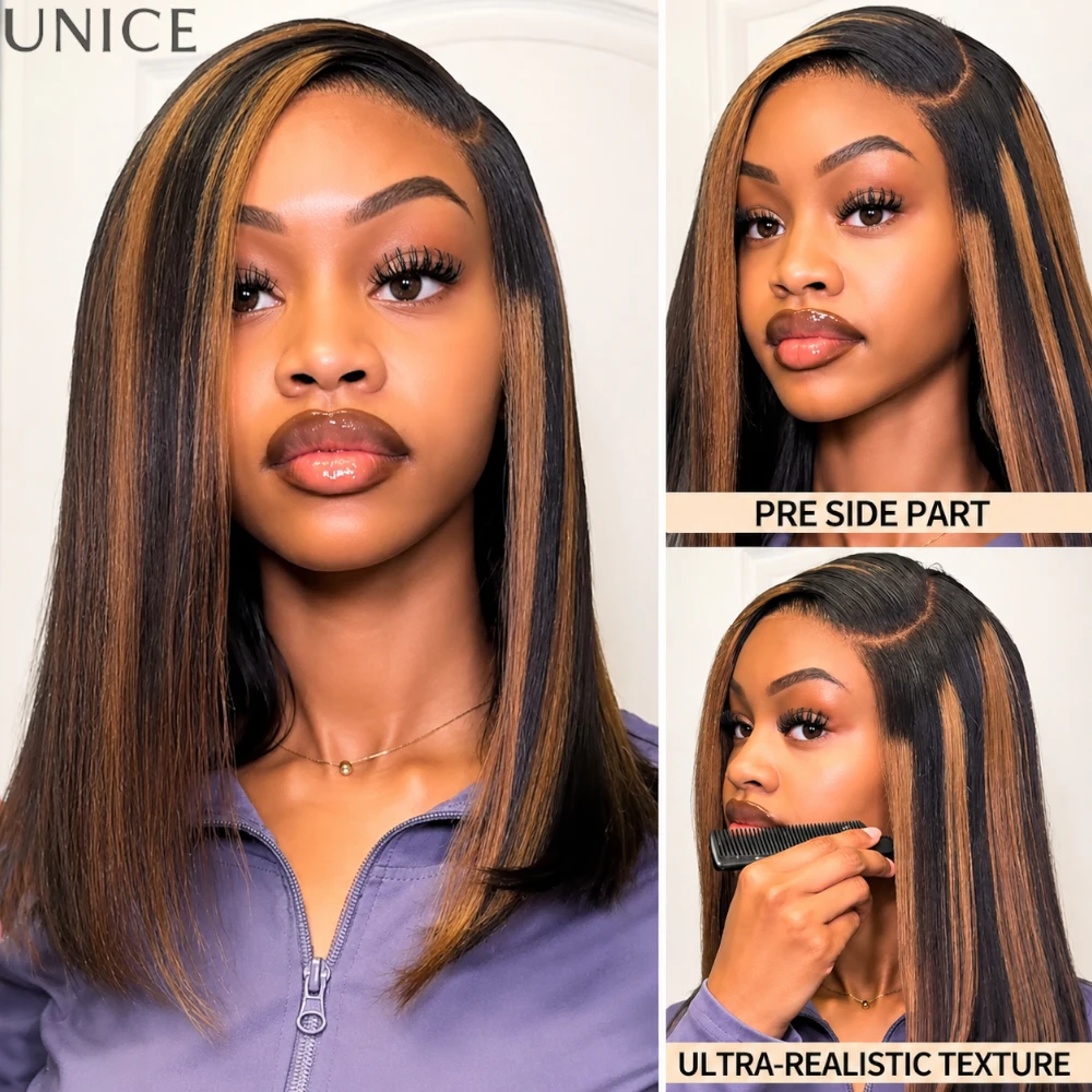 UNICE 7x5 Bye-Bye Slip Black with Caramel Highlights Side Part Yaki Bob Wig Human Hair Pre Plucked Pre Cut Glueless Drawstring Wig for Beginners 150% Density