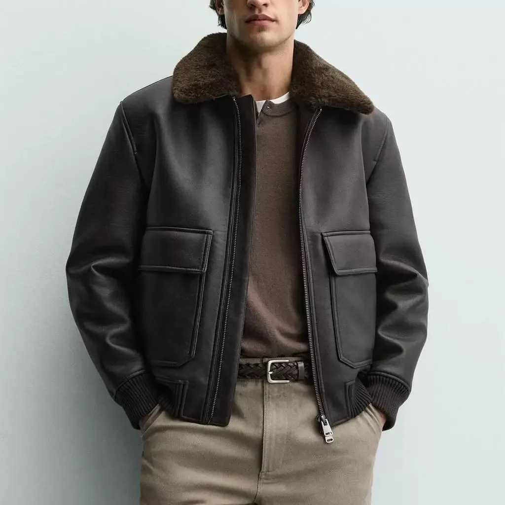 

Men's Retro Patchwork Collar Leather Effect Jaet Winter New Sle Faion Urban Busin Casual Long Sve Warm Coat