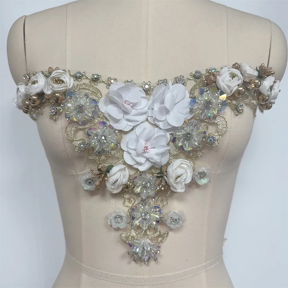 Rhinestone Bead Flower Patches Applique Neckline for Wedding Bridal DIY