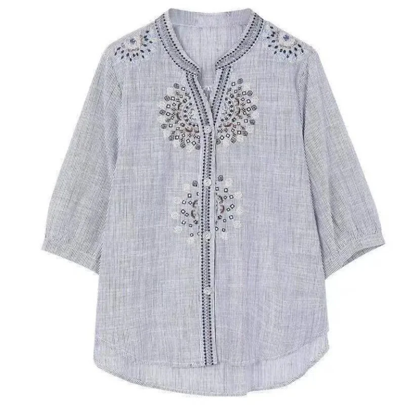 Cotton Embroidery Shirt Women\'s Blouses Three quarter Sleeve Fashion Versatile Loose Top Summer OL Femme Blusas O-neck Shirt