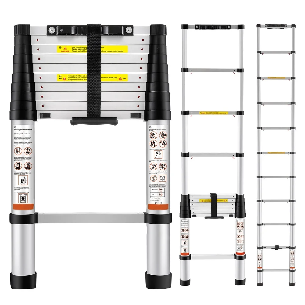 

10.5FT Telescoping Ladder 375lbs Capacity Aluminum Extension Ladder Non-Slip Feet One Button Retraction Space-Saving Design Home