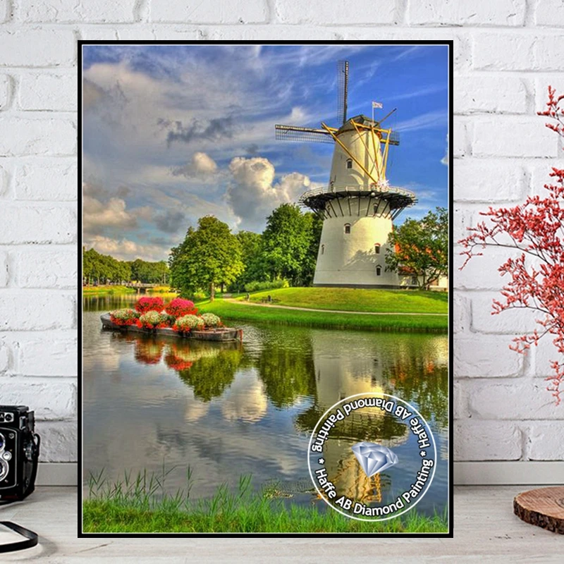 Netherlands Windmill In Tulips Field Scenery Diamond Painting Art AB Drills Sunset Flower Landscape Cross Stitch Room Decor