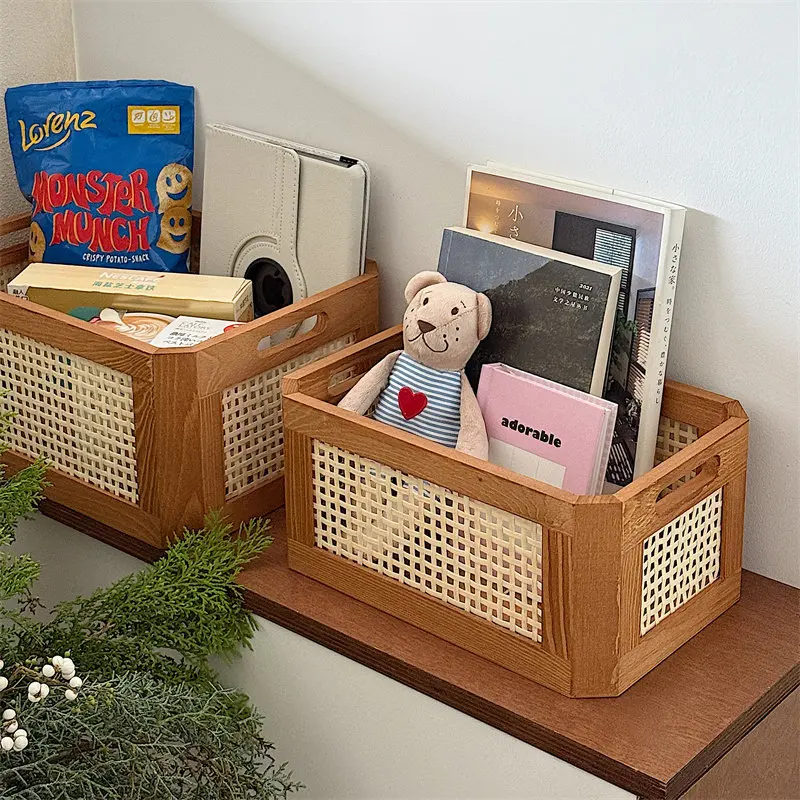 Bamboo Wood Woven Desktop Storage Box Home Snack Book Organizer Bedside Storage Basket