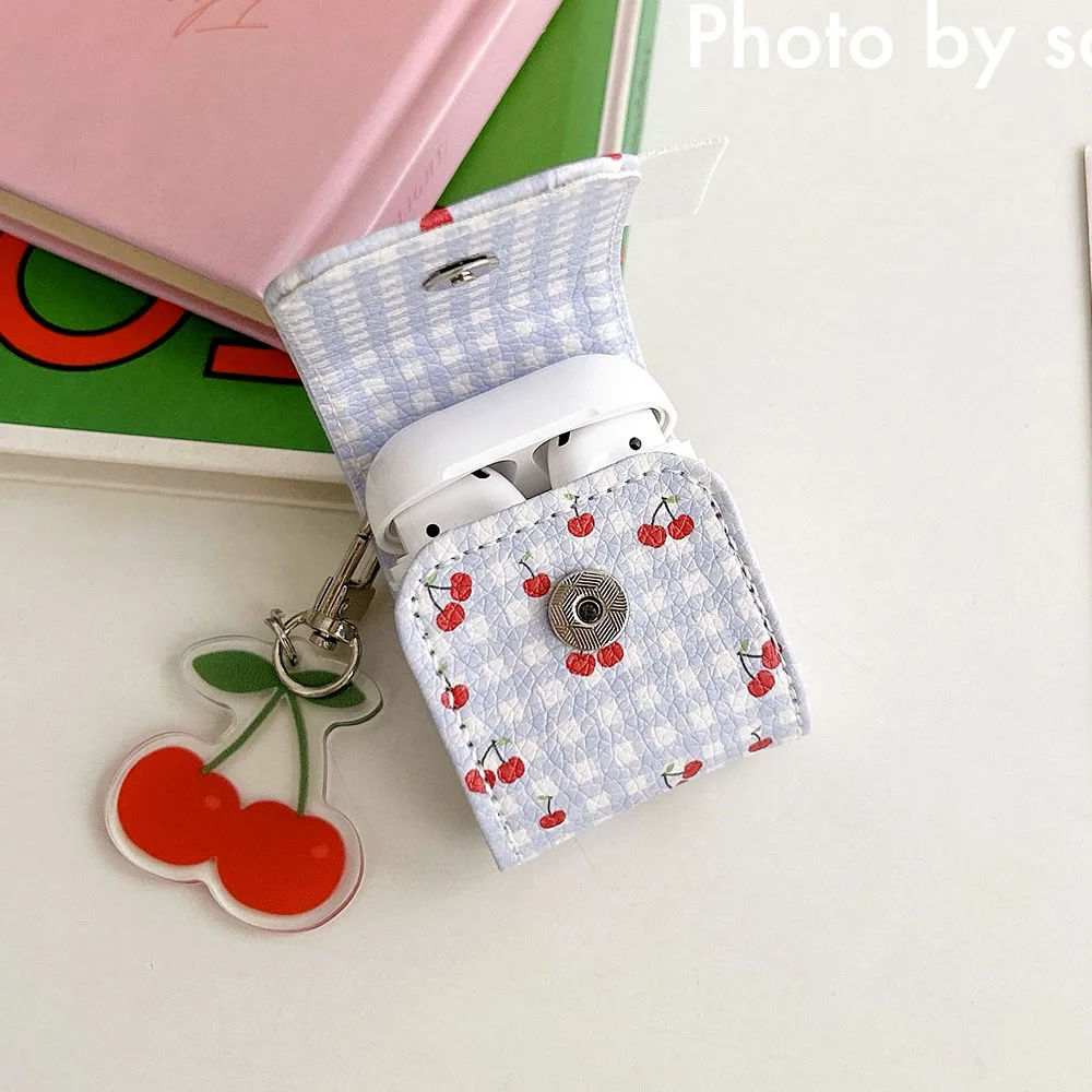 Cute Lattice Red Cherry Cartoon Dog Leather Bag Earphone Case For Airpods 3 Pro Protective Cover For Airpods 1 2 With Keychain