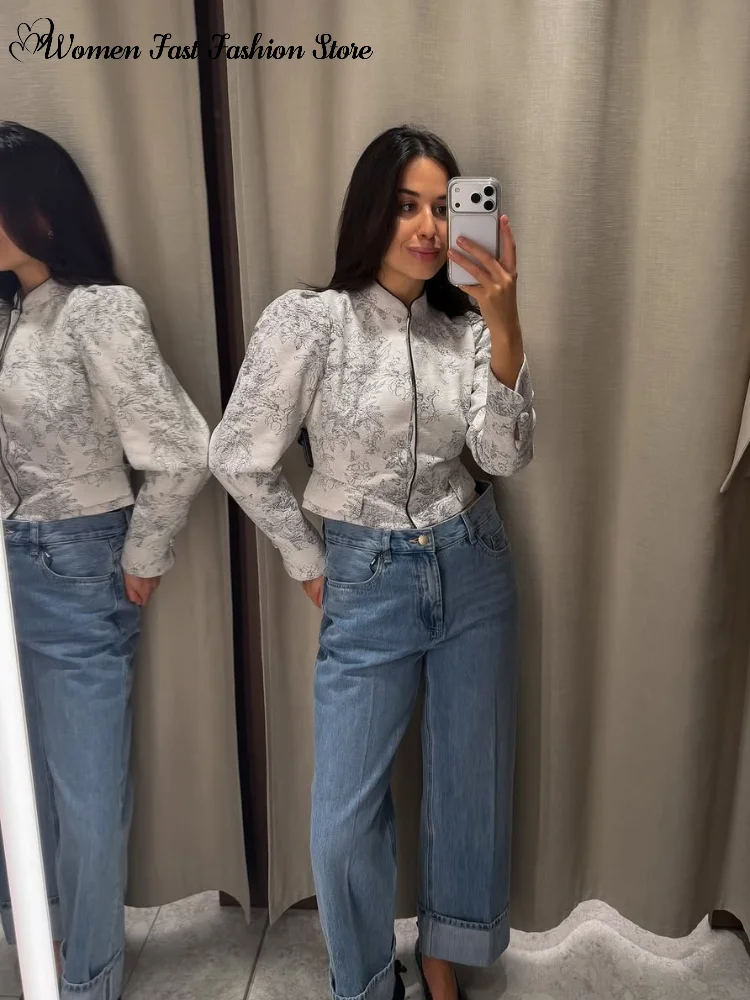 Elegant Printed Stand Collar Cropped Jacket 2026 Autumn Female Slim Zippers Full Sleeve Coats Women's Casual Street Outwear