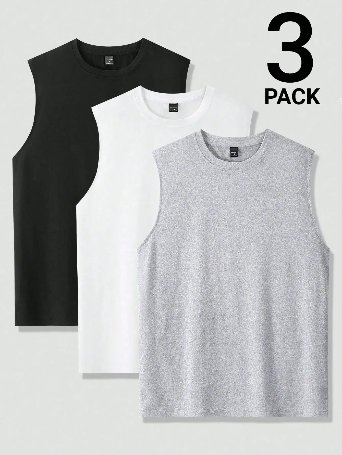 

Men's 3-Pack Plain Round Neck Sleeveless Tank Tops - Black, White, Gray