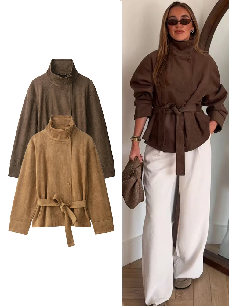 TFMLN Damen Wildlederjacke mit Stehkragen, Gürtel, Langen Ärmeln, Locker Geschnitten, Modische Oberbekleidung für Herbst und Winter, Vintage-Chic Streetwear für Damen