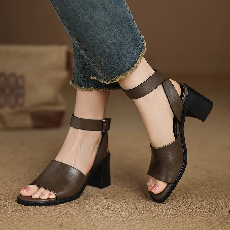 Zapatos de Mujer de Moda de Verano, Sandalias con Correa al Tobillo, de Cuero Dividido, Tacones Altos y Gruesos, Color Blanco Taupe, Punta Abierta, Zapatos de Fiesta