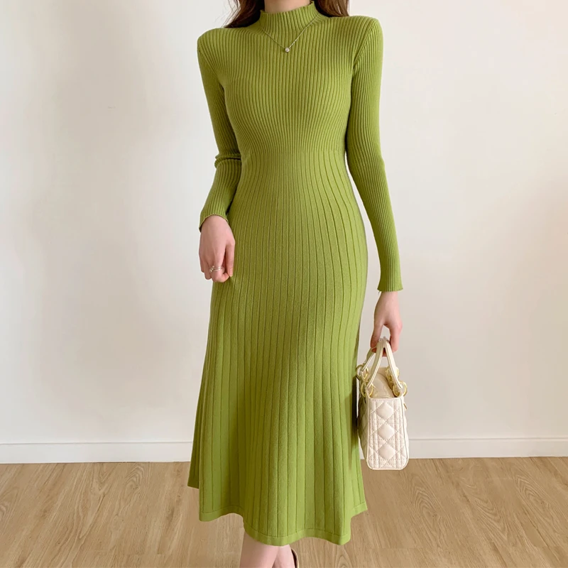 Autumn Winter 2024 Slim Long Sleeve Party Midi Dress for Women Knitted Half High Collar Elegant Knitted Sweater Dresses Ladies
