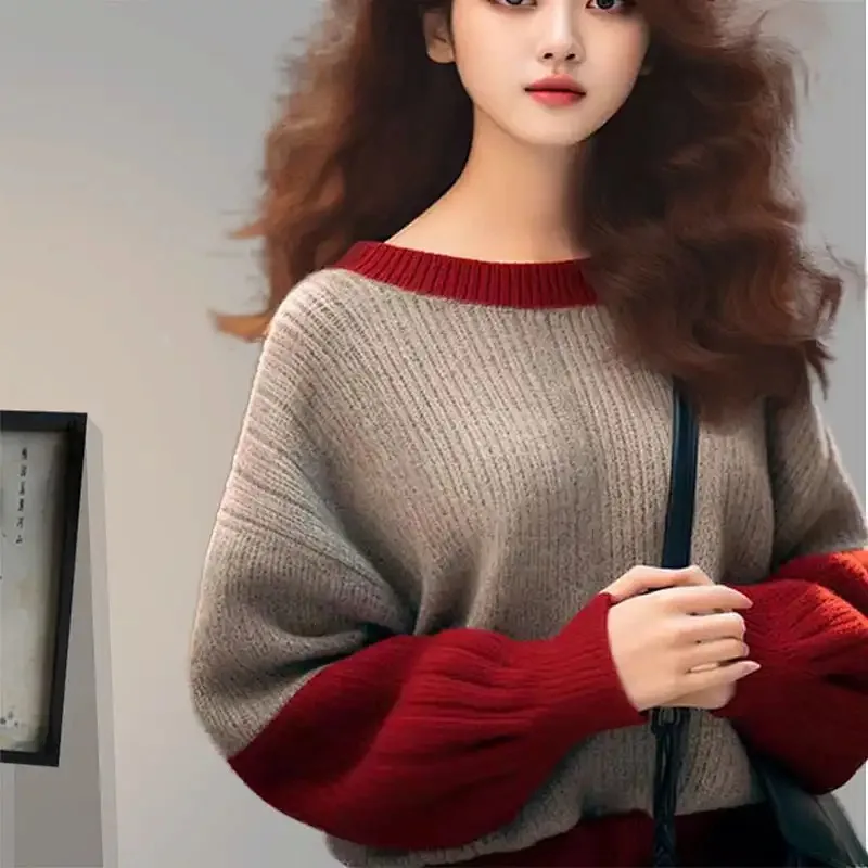 الكورية نمط كتلة اللون سترة المرأة الخريف والشتاء كسول نمط جولة الرقبة سترة بأكمام طويلة