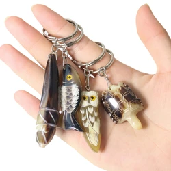 Real Horn Carving Animal Keychain Owl Fish Wand Turtle Fortune Pendant Amulet Purse Bag Backpack Charms Ornament Woman Jewelry