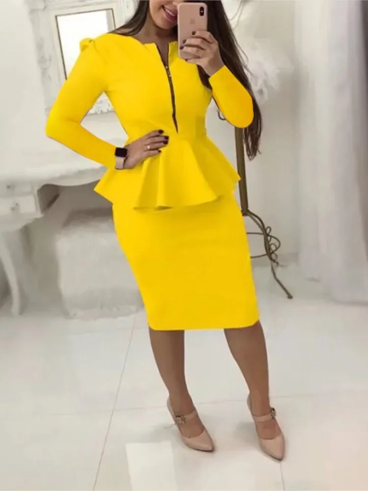 

Элегантные женские комплекты с юбкой, однотонный тонкий топ на молнии с v-образным вырезом + упаковка, костюмы до колена, женские повседневные рабочие комплекты из двух предметов