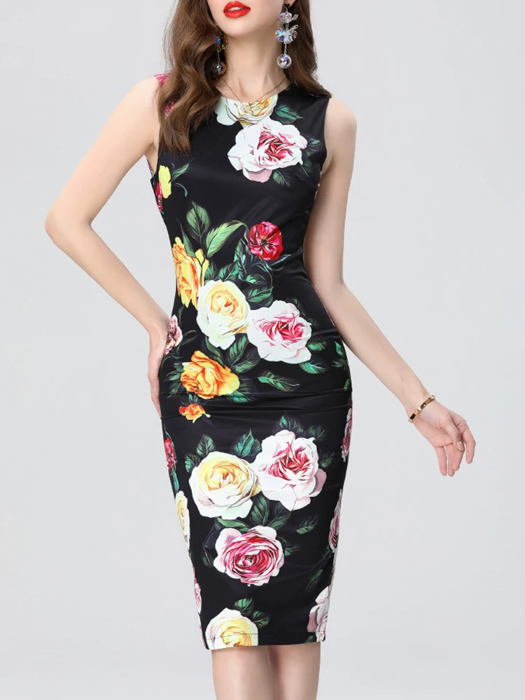 Retro Printed Slim Fit Round Neck Vest Dress For Spring And Summer 2025 New Fashionable Women'S Clothing